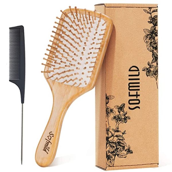 Hair Brush-Natural Wooden Bamboo Brush and Detangler Tail Comb Hair Brush Set, Eco-Friendly Paddle Hair Brushes for Women Men and Kids Make Thin Long Curly Hair Health and Massage Scalp Brush
