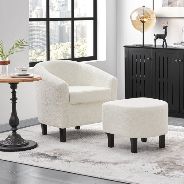 Barrel Accent Chair with Ottoman, Ivory Boucle Fabric