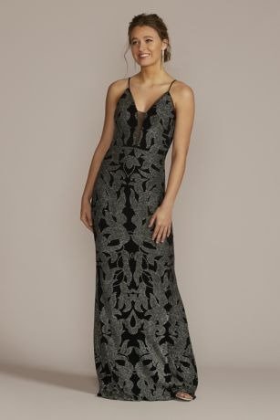 Glitter Brocade Sheath Gown with Illusion Plunge