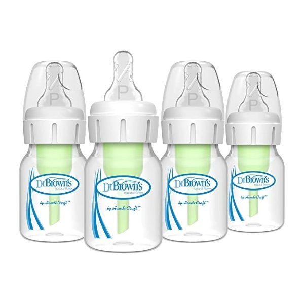 Dr. Brown’s Natural Flow® Anti-Colic Narrow Baby Bottle, 2oz/60mL with Preemie Flow™ Nipple, 4 Pack, 0m+