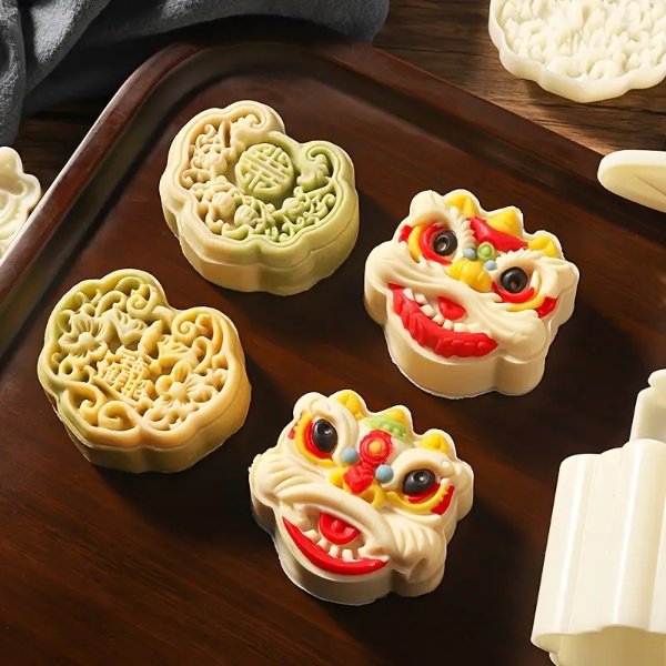 1 Set, Chinese Lion Dance Moon Cake Mold, Including 1 Mold And 2 Stamps, DIY Hand Press Moon Cake Stamps, Mung Bean Cake, Mid Autumn Festival Pastry Mold, Biscuit Tools, Moon Cake Maker, Baking Tools