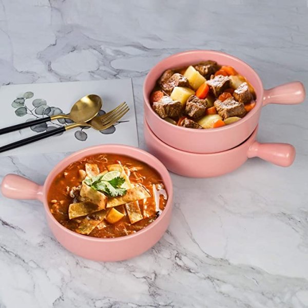 21 OZ French Onion Soup Bowls - Matte Porcelain Serving Bowl with Single Handle for Chili, Tortilla Soup, Oatmeal, Cereal, Chicken Pie, Beef Stew, Chowder - Set of 3 (Pink)