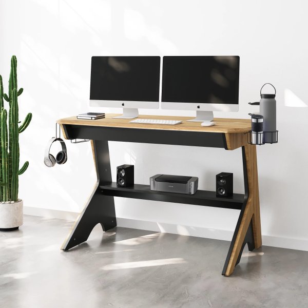 Techni Mobili Home Office Computer Writing Desk with Two Cupholders and Headphone Hook, Pine