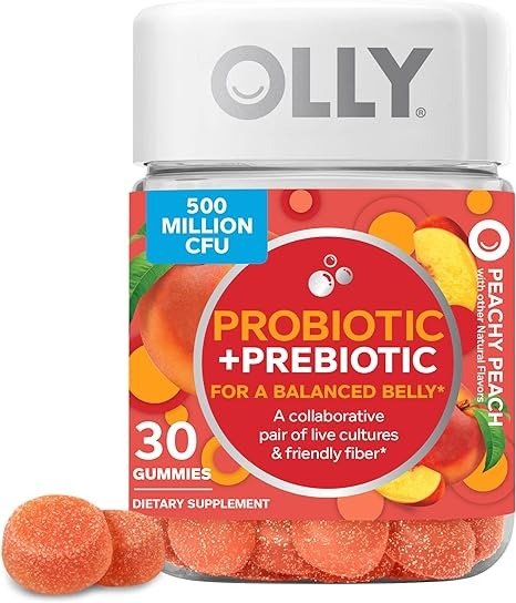 Probiotic + Prebiotic Gummy, 30 Day Supply (30 Gummies), Peachy Peach, Probiotics, Live Cultures, Prebiotic Fiber, Chewable Supplement