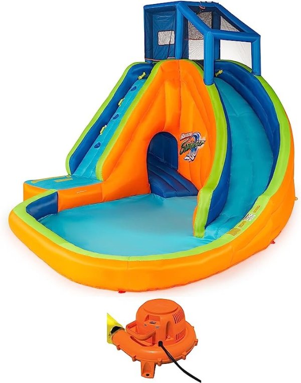 Sidewinder Falls Inflatable Outdoor Water Park Swimming Splash Pool, Slides, and Adventure Tunnel with Air Blower, Stakes, and Storage Bag