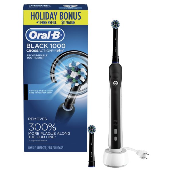 1000 (with Bonus Refill) CrossAction Electric Toothbrush, Black, Powered by Braun, 2 Replacement Heads