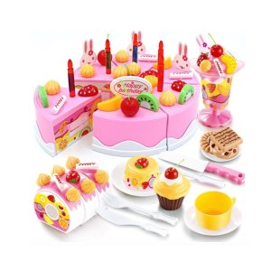 Birthday Cake Play Food Set Pink 75 Pieces Plastic Kitchen Cutting Toy Pretend Play
