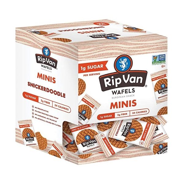 Rip Van Wafels Snickerdoodle Mini Stroopwafels - Low Carb Snacks (3g Net Carbs) - Non GMO Snack - Keto Friendly - Office Snacks - Low Calorie Snack (34 Calories) - Low Sugar (1g) - 32 Pack
