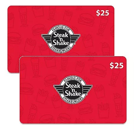 Steak N Shake $50 Value Gift Cards - 2 x $25 - Sam's Club
