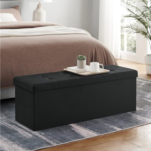 43 Inches Folding Storage Ottoman Bench, Storage Chest, Foot Rest Stool, Bedroom Bench with Storage, Black ULSF077B01