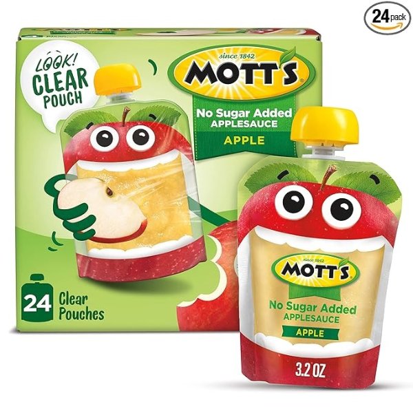 No Sugar Added Applesauce, 3.2 Ounce (Pack of 24) Clear Pouch, 4 Count, Perfect for on-the-go, No Added Sugars or Sweeteners, Gluten Free and Vegan