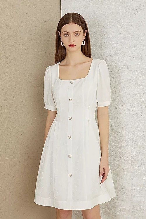 白色复古方领提花连衣裙
