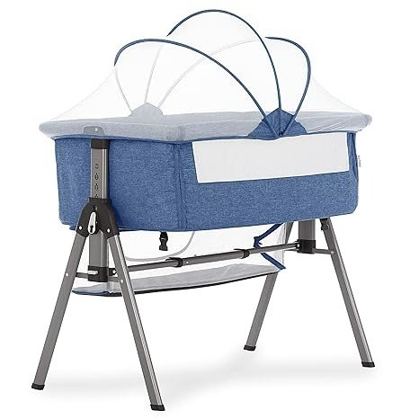 Lotus Bassinet and Bedside Sleeper in Blue, Lightweight and Portable Baby Bassinet, Adjustable Height Position, Easy to Fold and Carry Travel Bassinet- Carry Bag Included