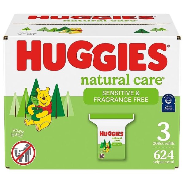 Sensitive Baby Wipes, Huggies Natural Care Baby Diaper Wipes, Unscented, Hypoallergenic, 99% Purified Water, 3 Refill Packs (624 Wipes Total) Packaging May Vary, 208 Count (Pack of 3)