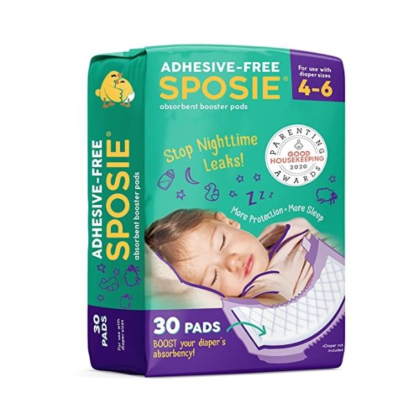 Sposie Booster Pads Diaper Doublers, 30 Pads - for Overnight Diaper Leaks, No Adhesive for Easy repositioning, Fits Diaper Sizes 4-6