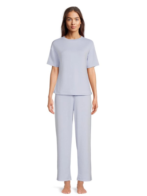 Women's and Women's Plus Size French Terry Top and Pants Sleep Set, 2-Piece