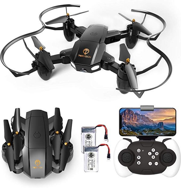 Drone with Camera, TOPVISION Foldable Quadcopter RC Drone with WiFi FPV HD Camera Live Video, Altitude Hold, One Key Start, APP Control, Black