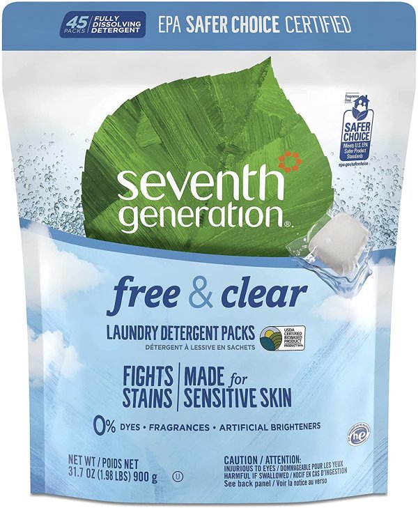 Laundry Detergent Packs, Free & Clear, 45 Count
