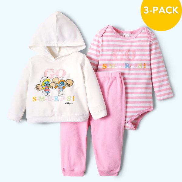 Smurfs 3-pack Baby Girl 100% Cotton Hoodie and Stripe Romper and Pants Set