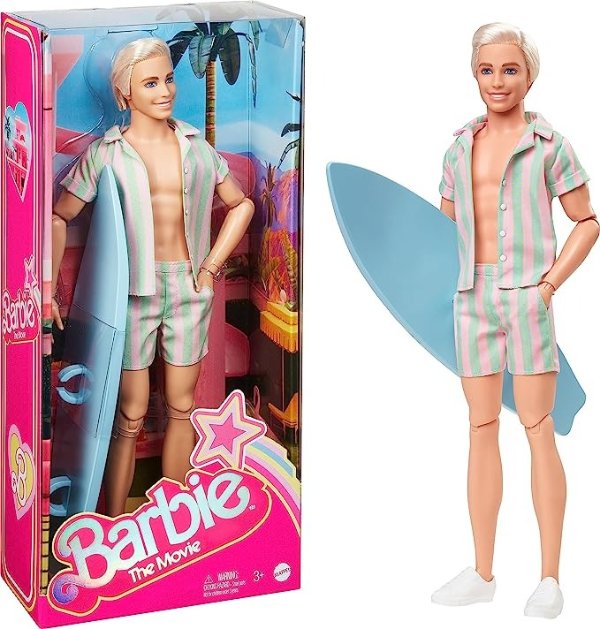 The Movie Ken Doll Wearing Pastel Pink and Green Striped Beach Matching Set with Surfboard and White Sneakers