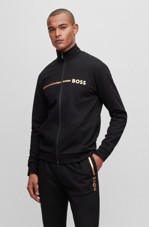 Cotton-blend loungewear jacket with stripe and logo Cotton-blend tracksuit bottoms with logo and stripe by BOSS Black