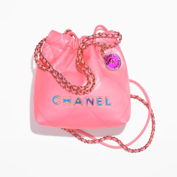 22 mini handbag, Shiny calfskin & rainbow metal, coral pink — Fashion |