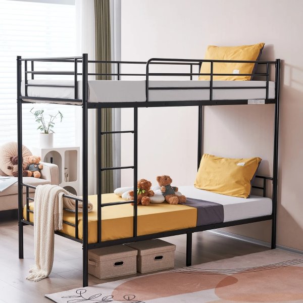 Twin over Twin Steel Bunk Beds Frame Ladder Bedroom Dorm Room for Kids Adult Children