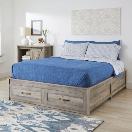 Modern Farmhouse Queen Platform Bed with Storage, Rustic Gray Finish