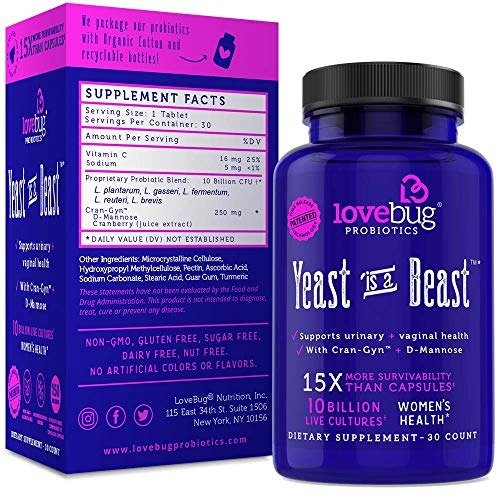 Lovebug Yeast Infection Support Probiotics - Feminine Women's Vaginal Health 30 Delayed Release Probiotic Tablets with Cranberry and D-Mannose Supplement - Promotes Urinary Tract + PH Balanced Flora