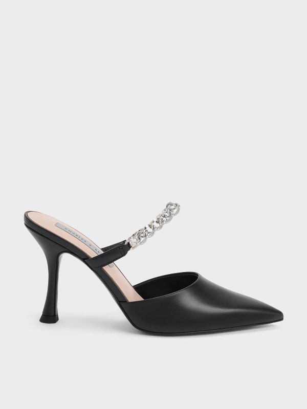 Chain-Link Strap Heeled Mules - Black