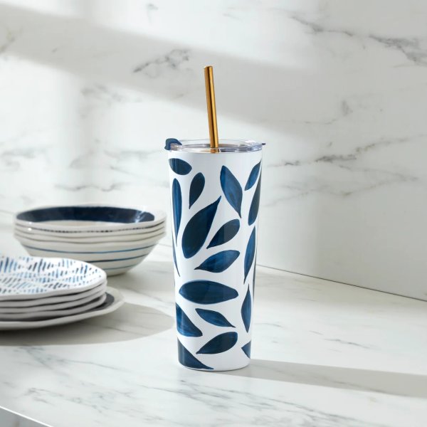 Blue Bay Leaf Stainless Steel Tumbler With Straw