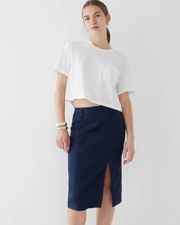 Stretch linen-blend midi pencil skirt