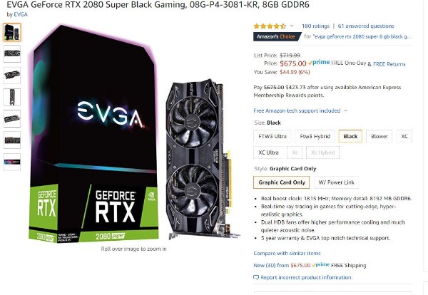 EVGA GeForce RTX 2080 Super Black Gaming, 08G-P4-3081-KR, 8GB GDDR6