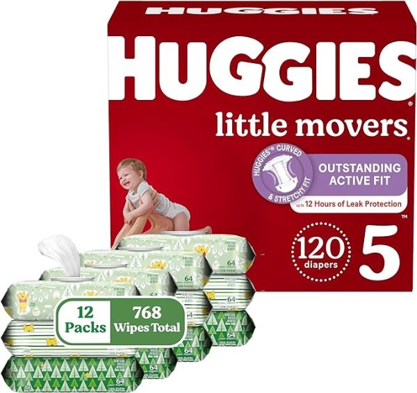 Baby Diapers and Wipes Bundle: Huggies Little Movers Size 5, 120ct & Natural Care Sensitive Baby, Unscented, Hypoallergenic, 12 Flip-Top Packs (768 Wipes Total)