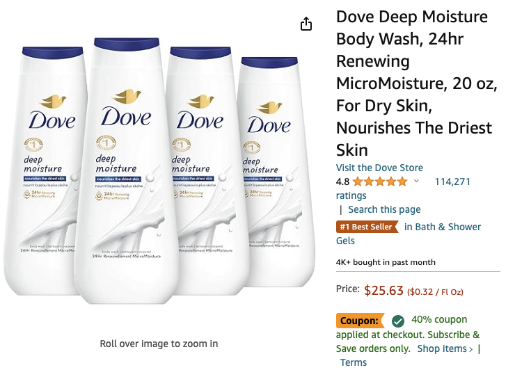 Amazon.com: Dove Body Wash Deep Moisture 4 Count 额外6折