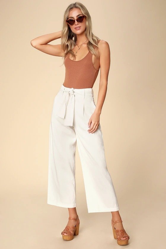Now or Never Off-White Tie-Waist Cropped Wide-Leg Pants
