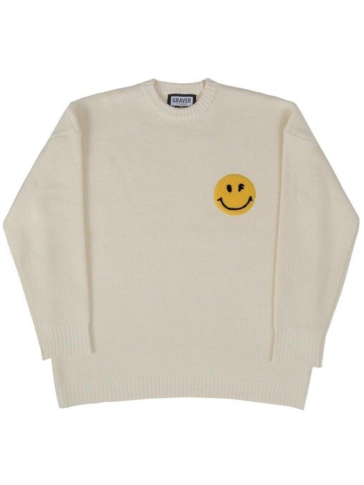 Boucle Embroidery Dot Smile Round Knit Cream