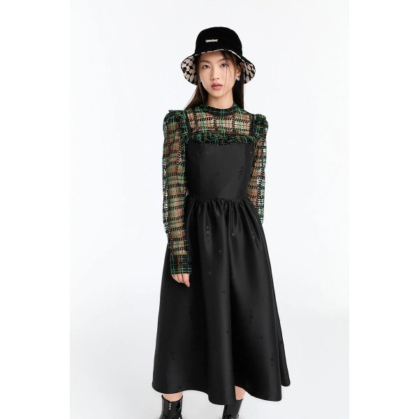 Black Printed Suspender Dress | Peacebird Women Fashion