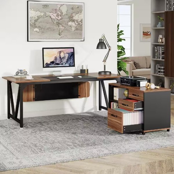 Cassey 70.8 in. Executive Desk with 35.4 in. File Cabinet Combo, L-Shaped Computer Desk Set, Brown