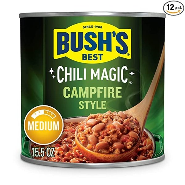 BUSH'S BEST Canned Campfire Style Chili Magic Chili Beans Starter (Pack of 12), Source of Plant Based Protein and Fiber, Low Fat, Gluten Free, 15.5 oz
