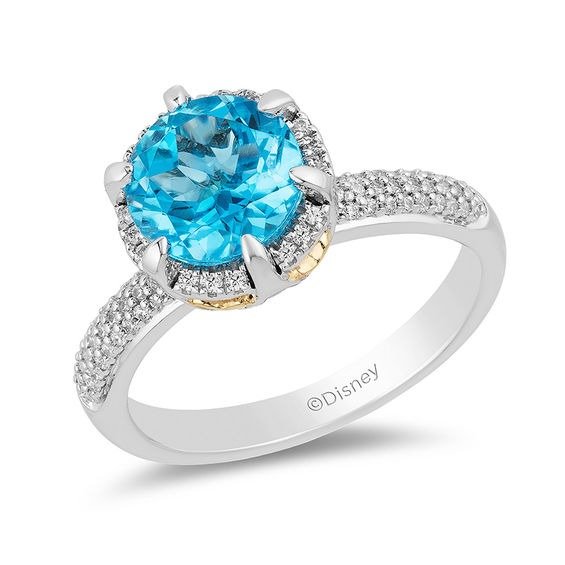 Enchanted Disney Aladdin 8.0mm Swiss Blue Topaz and 1/5 CT. T.W. Diamond Frame Ring in Sterling Silver and 10K Gold|Zales