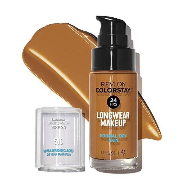 Liquid Foundation by Revlon, ColorStay Face Makeup for Normal & Dry Skin, SPF 20, Longwear Medium-Full Coverage with Natural Finish, Oil Free, 510 Pecan, 1 Fl Oz