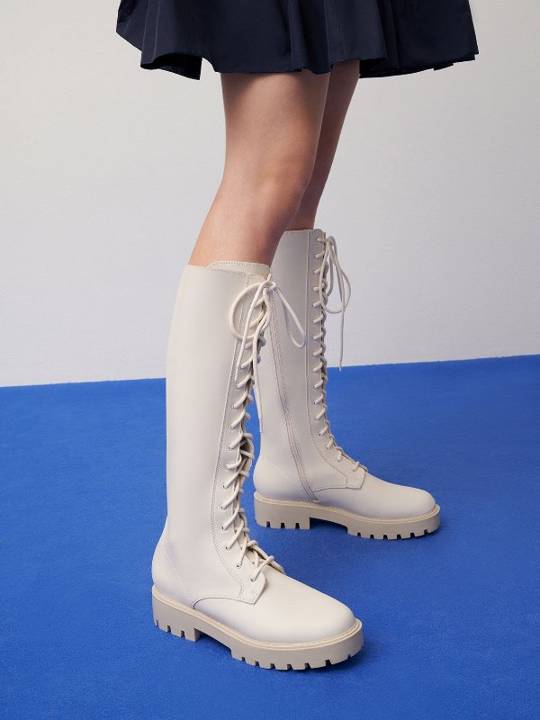Chalk Lace-Up Knee-High Boots | CHARLES & KEITH