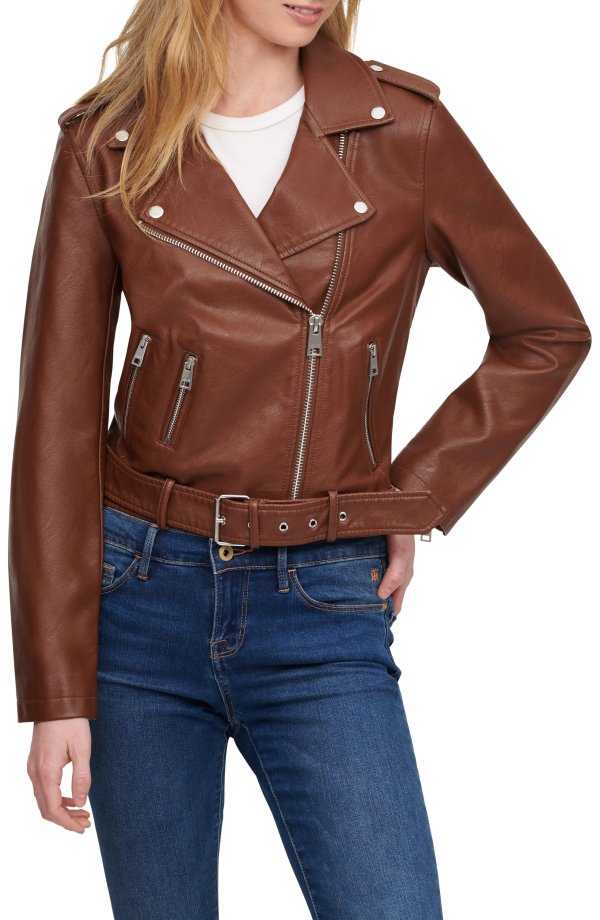 Faux Leather Fashion Belted Moto Jacket