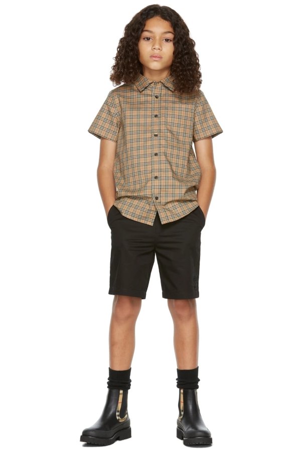 Kids Beige Mini Check Short Sleeve Shirt