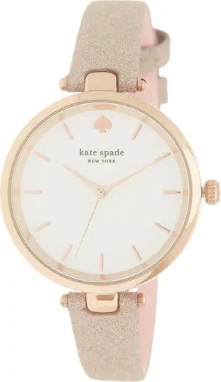 holland three-hand rose gold-tone glitter leather watch, 34mm