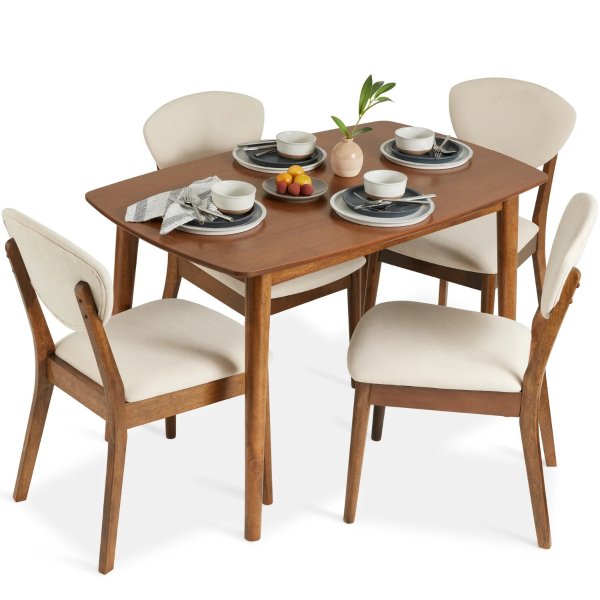 5-Piece Wooden Mid-Century Modern Dining Set w/ 4 Chairs, Padded Seat & Back