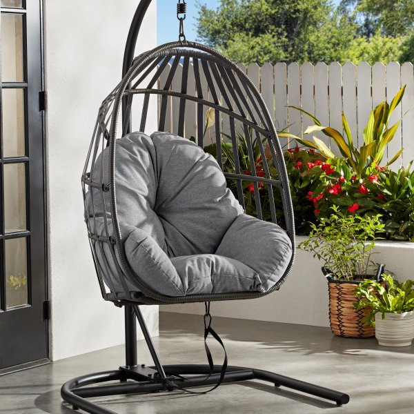 Wicker Outdoor Patio Hanging Egg Chair with Gray Olefin Cushion and Black Metal Stand, 250 lbs Maximum Weight