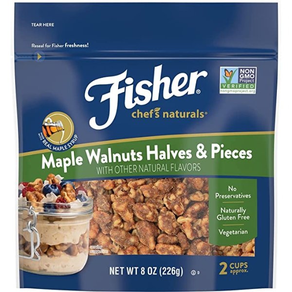 FISHER Chef's Naturals Maple Walnuts Halves & Pieces, 8 Ounces, Naturally Gluten Free, No Preservatives, Non-GMO, Keto, Paleo, Vegan Friendly,Brown