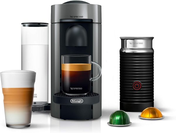 De'Longhi Nespresso VertuoPlus 咖啡和浓缩咖啡机，带奶泡器，灰色，5.6 x 16.2 x 12.8 英寸
